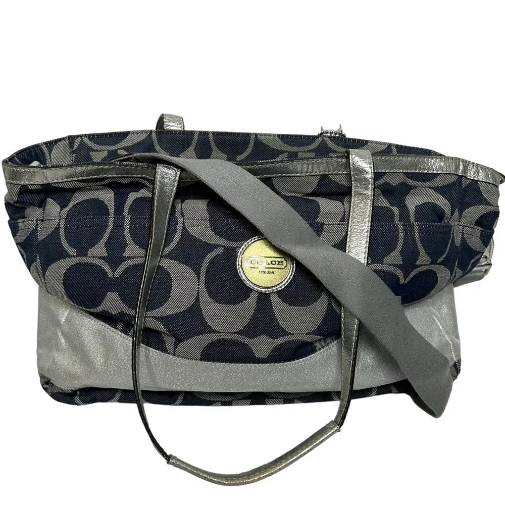 Coach Denim Signature Stripe Tote Weekender Diaper Bag F17443 Large Shoulder Bag